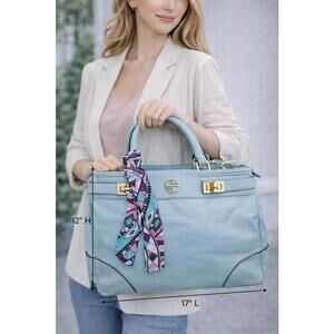 Segolene En Cuir Nadeen Powder Blue Leather Satchel Purse+Long Strap